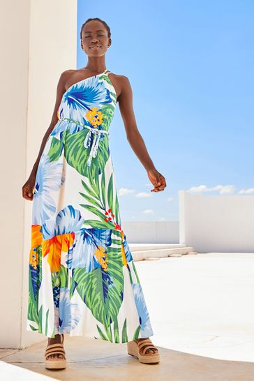 Buy White Floral One Shoulder Plaited Midi Summer Dress from Next Luxembourg