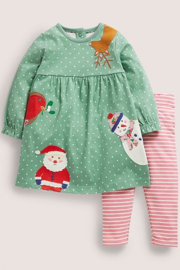 Boden Green Appliqué Christmas Dress and Legging Set
