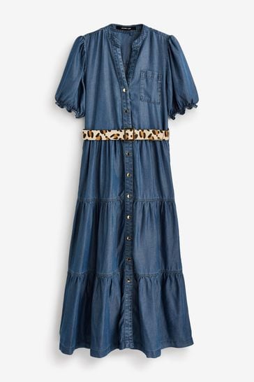 Myleene Klass Denim Tiered Dress With Leopard Belt