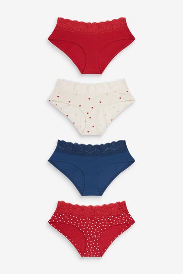 Heart Print Short Cotton & Lace Knickers 4 Pack