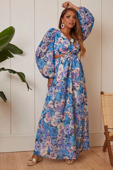 Chi Chi London Blue Long Sleeve Ring Detail Floral Maxi Dress