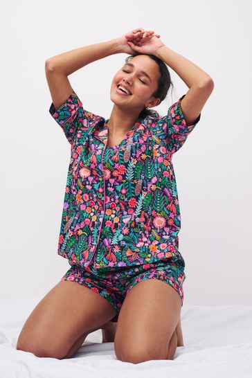 Navy Blue Floral Lucy Tiffney Button Through Pyjama Short Set