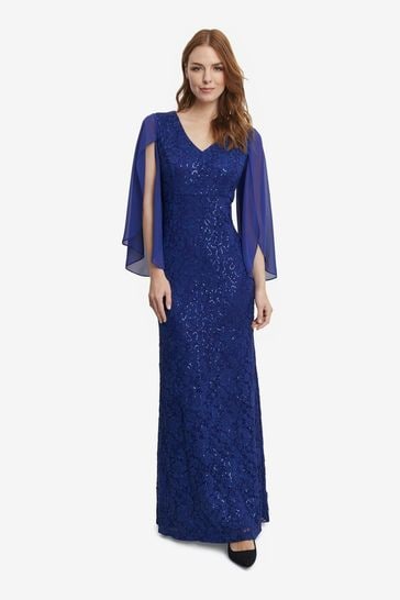 Gina Bacconi Blue Claudine Long V-Neckline Fit And Flare Lace Dress