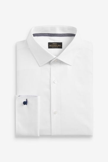 White Regular Fit Double Cuff Signature Textured Double Cuff Shirt With Trim Detail