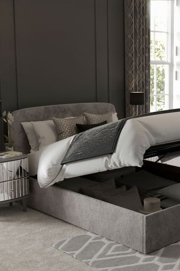 Plush Chenille Light Grey Matson Upholstered Ottoman Storage Bed Frame