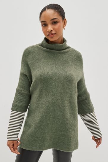 Khaki/Green Knitted Poncho with Mock Sleeve