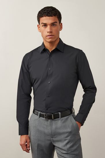 Camisa negra de corte ajustado con puño sencillo Easy Care