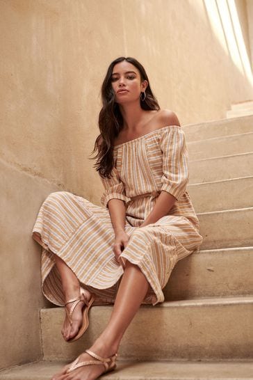 Buy Orange Stripe Mix Off Shoulder Bardot Tie Belt Midi Dress from Next Luxembourg
