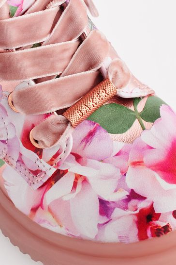 Baker by Ted Baker Girls Pink Floral Print and Glitter Lace Up Boots