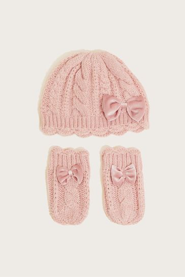 Monsoon Baby Pink Beanie And Mitten Set With Recycled Polyester