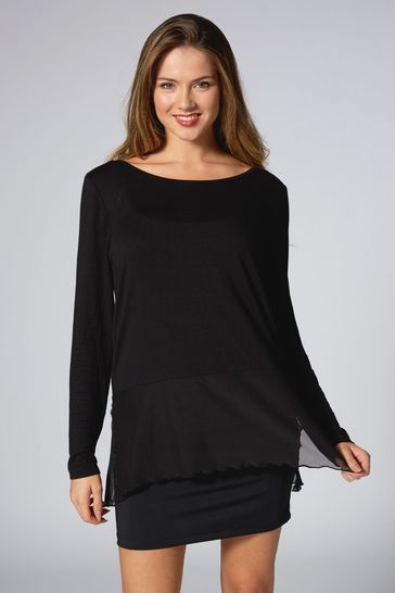 Pineapple Black Jersey Long Sleeve Mesh Hem Top