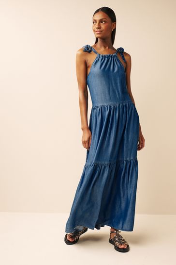 Buy Mid Blue TENCEL Tie Shoulder Tiered Maxi Dress from Next Luxembourg