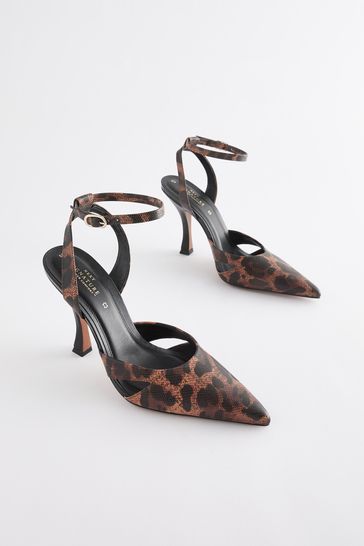 Camel Brown Signature Leather Point Toe Cut Out Detail Heel Shoes