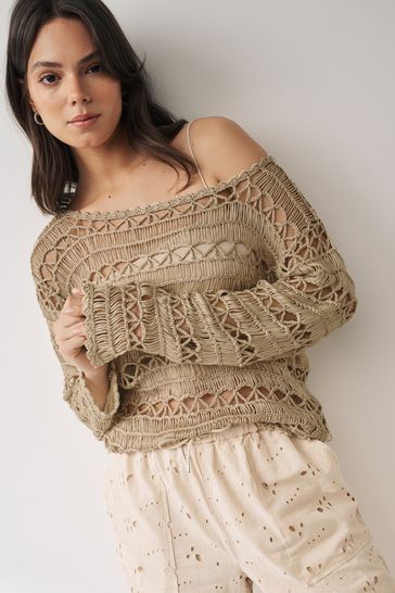 Gold Open Stitch Long Sleeve Top
