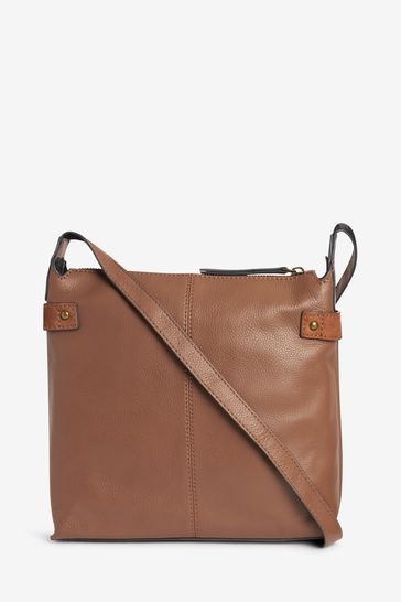Tan Brown Leather Pocket Messenger Bag