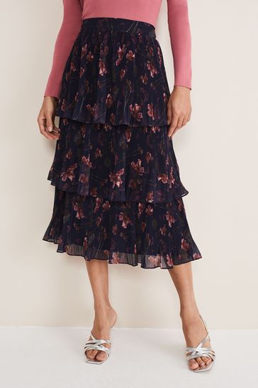 Phase Eight Blue Selena Tiered Printed Skirt