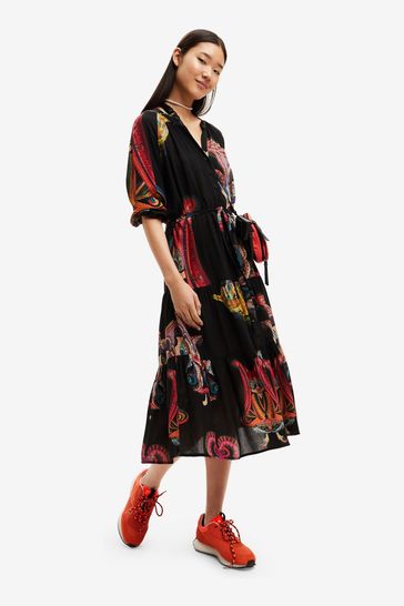 Desigual Tie Waist Black Printed Midi Dress