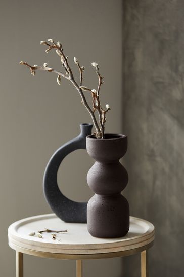Chocolate Brown Black Totem Shaped Ceramic Textured Flower Vase