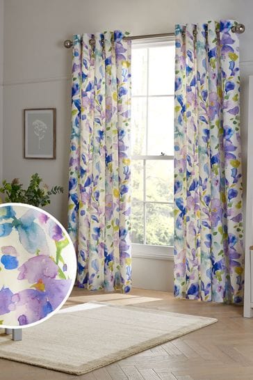 Blue/Purple Watercolour Floral Eyelet Lined Curtains