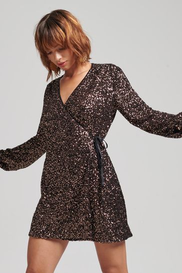 Superdry Brown Sleeved Sequin Wrap Mini Dress