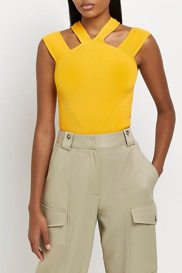 River Island Orange Ribbed Cut Out Halter Top