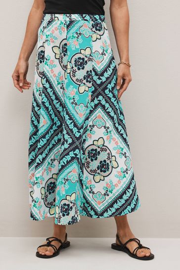 Blue Scarf Print Panelled Midi Textured Skirt