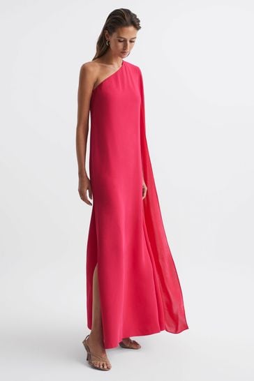 Reiss Bright Pink Nina Cape One Shoulder Maxi Dress