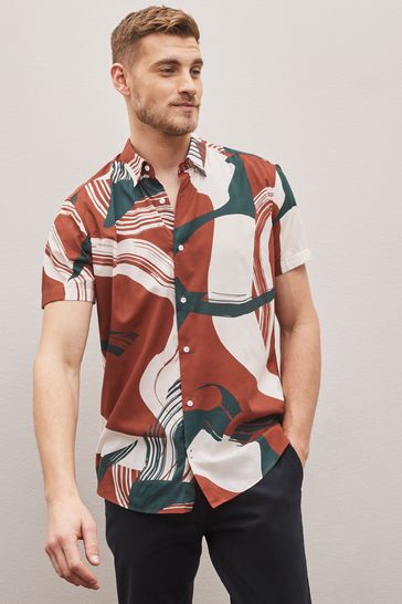 Rust Brown Short Sleeve Printed Shirt With Cuban Collar
