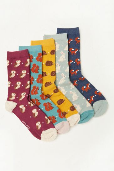 Fat Face Red Woodland Socks 5 Pack