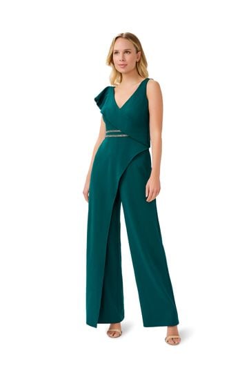 Adrianna Papell Green Crepe Ruffled Jumpsuit