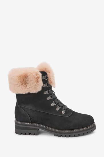 Black Extra Wide Fit Forever Comfort® Faux Fur Lace-Up Ankle Boots