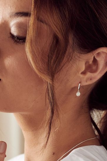Orelia London Silver Plated Swarovski Drop Huggie Hoop Earrings In White Opal
