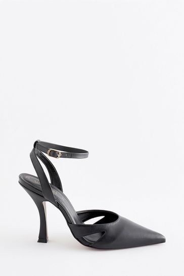 Black Signature Leather Point Toe Cut-Out Detail Heel Shoes