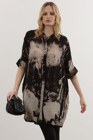 Religion Natural Brown Oversized Destiny Tunic Dress In Bold Monochrome Print