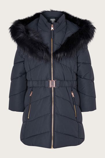 Monsoon Blue Belted Faux Fur Hooded Coat