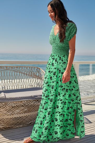 Green Print Shirred Waist V-Neck Sleeveless Maxi Dress