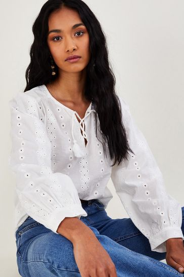 Monsoon White Schiffli Embroidered Long Sleeve Top