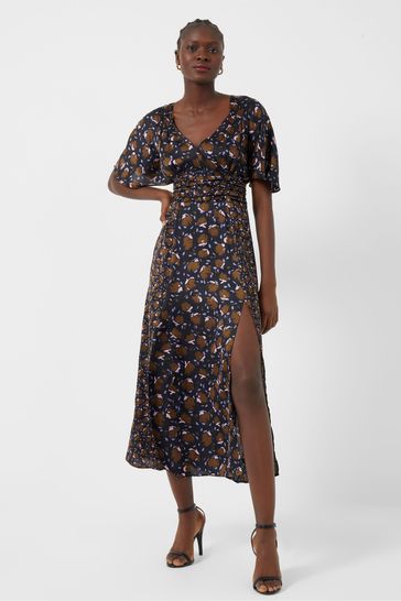French Connection Ingrid Inu Black Satin Drape Midi Dress