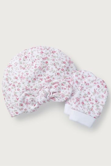 The White Company Pink Phoebe Floral Hat And Mitt Set