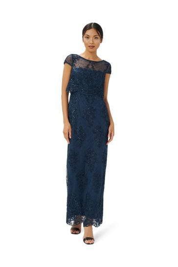 Adrianna Papell Blue Embroidery Column Gown