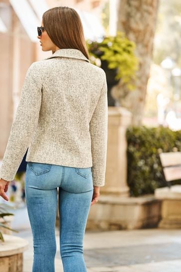 Sosandar Natural Boucle Biker Jacket With Gold Zip Detail