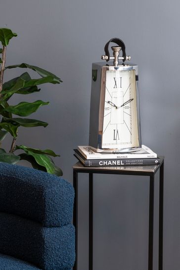 Libra Silver Tall Silver Mantel Clock With Leather Handle