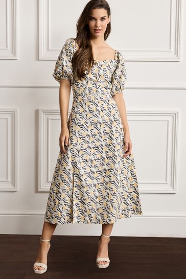 Buy White/Lemon Yellow Puff Sleeve Cotton Embroidered Midi Dress from Next  Austria