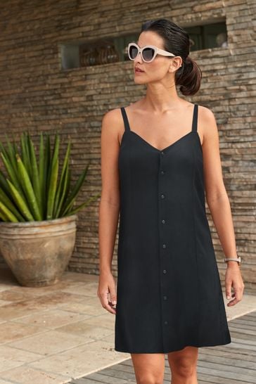 Black Button Through Mini Slip Dress