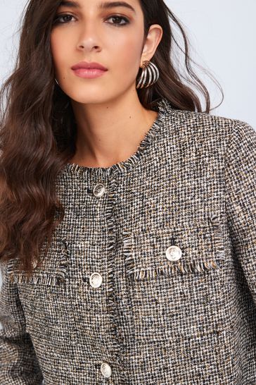 Buy Neutral Collarless Cropped Boucl Jacket from Next Luxembourg