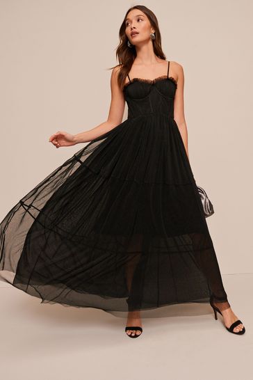 Black Mesh Strappy Corset Detail Maxi Dress