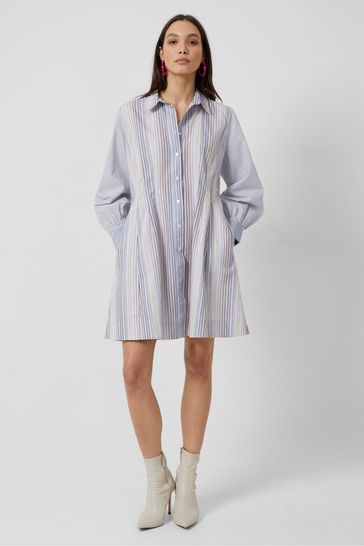 French Connection Blue Eslem Cotton Oxford Mix Stripe Shirt Dress