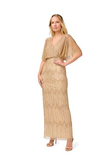 Adrianna Papell Gold Beaded Surplice Gown