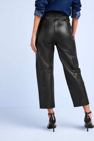 Buy Black Straight Leg Cropped Leather Trousers from Next Ireland