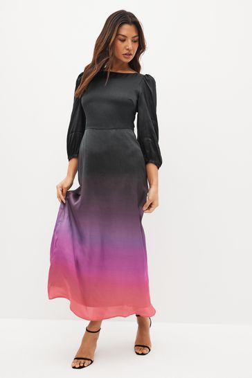 Olivia Rubin Lara Ombre Black Midi Dress with Puff Sleeve and a Fitted Waist